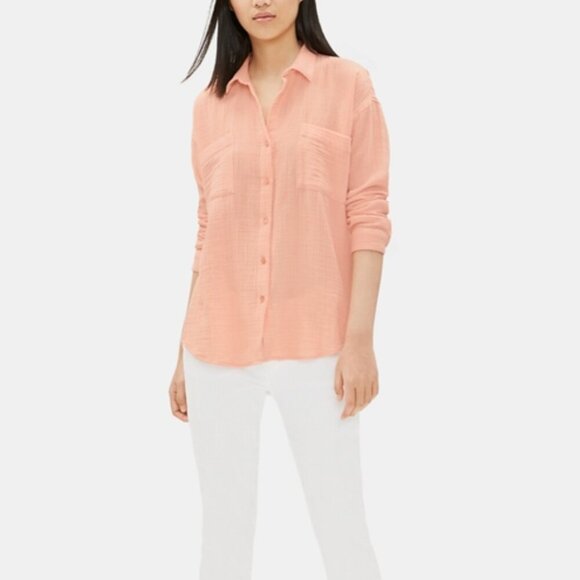 Eileen Fisher Organic Cotton Peach Gauze Button Down Top - Picture 1 of 12